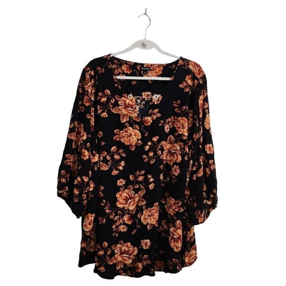Torrid Tunic Top 5X Black Floral Blouse‎ Lagenlook Challis Chain Link Boho - Picture 1 of 9
